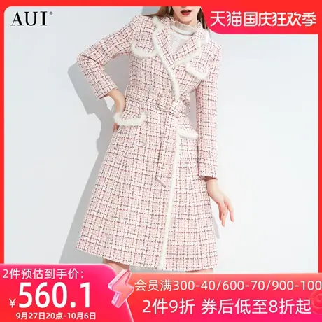 AUI粉色小香风中长款毛呢外套2022女冬新款水貂毛撞色呢子大衣厚商品大图