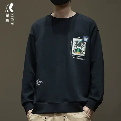 希越印花贴布国风针织卫衣重磅男春秋季宽松大码无帽打底青年潮牌商品大图