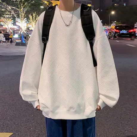 提花卫衣男秋冬季新款圆领宽松潮流纯色情侣装内搭打底衫港风上衣商品大图