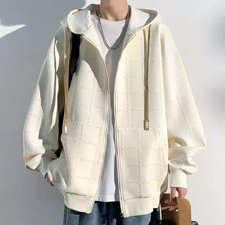 港风连帽夹克男春秋款潮牌高级感开衫卫衣外套男生休闲百搭上衣服图片