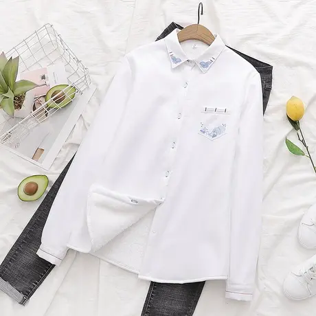2023秋冬新款加绒衬衫女长袖学生文艺刺绣白色保暖内搭打底衬衣厚图片