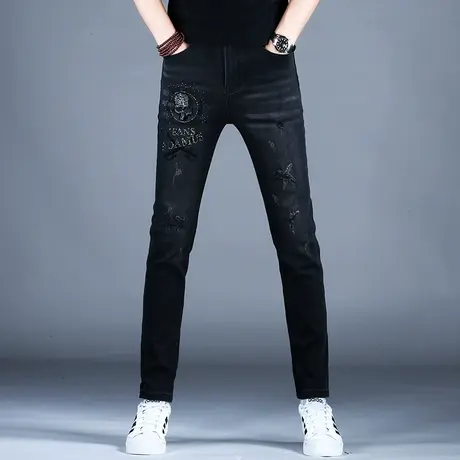 男士高端烫钻牛仔裤男款裤子潮牌男秋冬新款小脚修身黑色美式高街商品大图