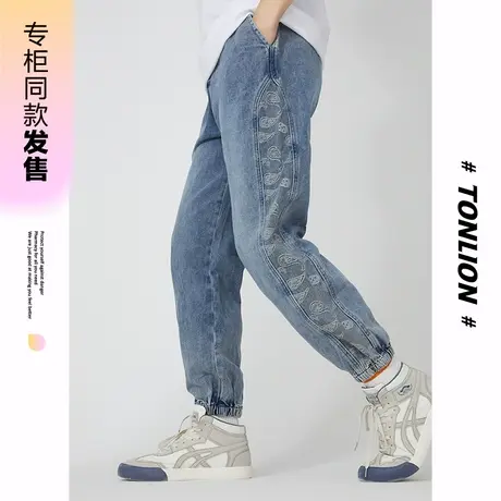 [商场同款]唐狮春秋季牛仔长裤男腰果花拼接嘻哈牛仔裤时尚潮流图片