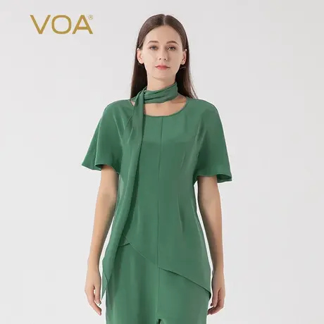VOA云杉绿30姆米重磅砂洗桑蚕丝丝巾挂脖领连肩喇叭短袖收腰T恤衫商品大图