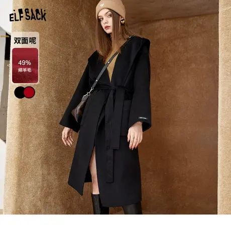 妖精的口袋连帽黑色双面呢大衣女2023秋冬新款毛呢外套气质中长款图片
