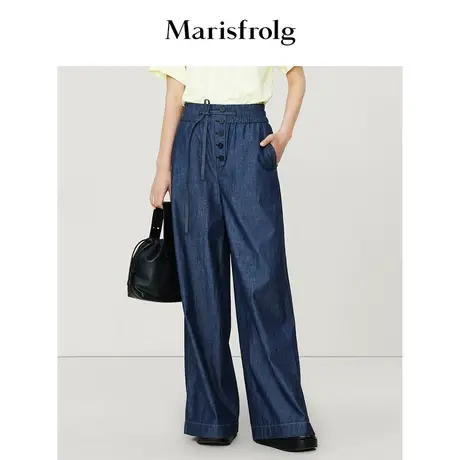 【商场同款】玛丝菲尔夏季新款藏蓝色纯棉时尚直筒阔腿裤商品大图