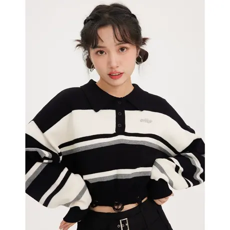 高级感超好看polo领短款条纹破洞毛衣女春秋日系慵懒复古针织上衣商品大图