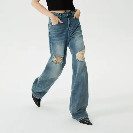 omont蛋挞家 高腰破洞牛仔裤女夏季新款复古直筒宽松阔腿裤子商品大图