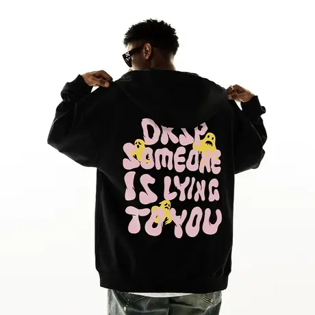 Nuthink欧美潮牌字母加绒卫衣男春季潮流宽松大码保暖连帽外套潮商品大图