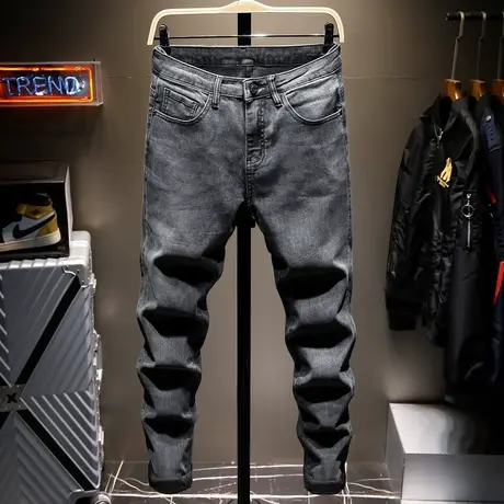 春夏季高端牛仔裤男黑色修身小脚裤子男直筒弹力休闲长裤2021新款商品大图