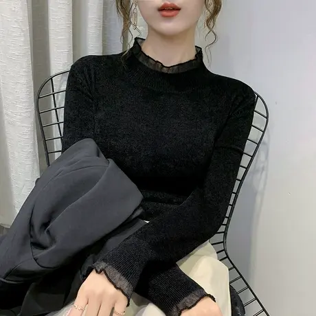 黑色打底衫女春装新款针织衫2023年新款百搭天鹅绒半高领毛衣上衣商品大图