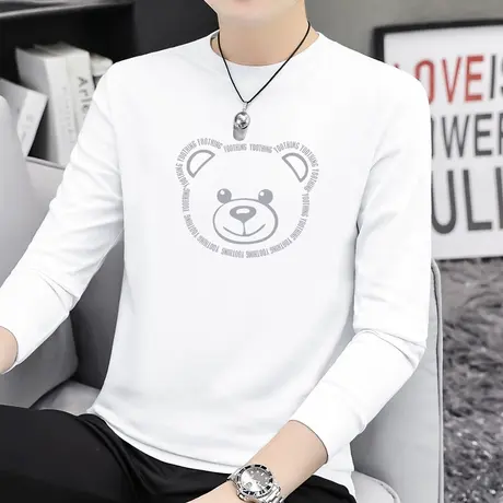 重磅纯棉t恤男士长袖宽松潮流小熊内搭打底衫全棉体恤白色上衣服商品大图