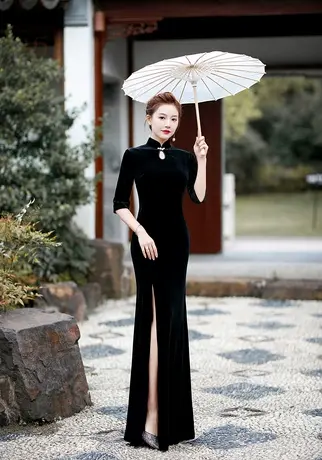 黑色金丝绒旗袍新款秋冬七分袖走秀礼仪演出服长款改良鱼尾礼服裙图片