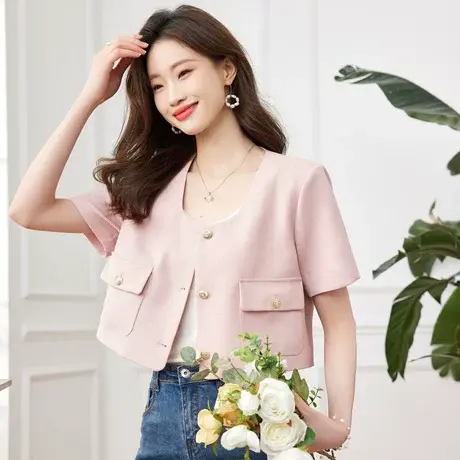 时尚气质小香风短袖外套2023年夏季新款淑女温柔甜美显瘦通勤上衣商品大图