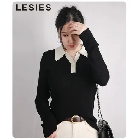 【100%羊毛】蓝色倾情2023秋冬季女装新款通勤职业POLO领绵羊毛衫图片