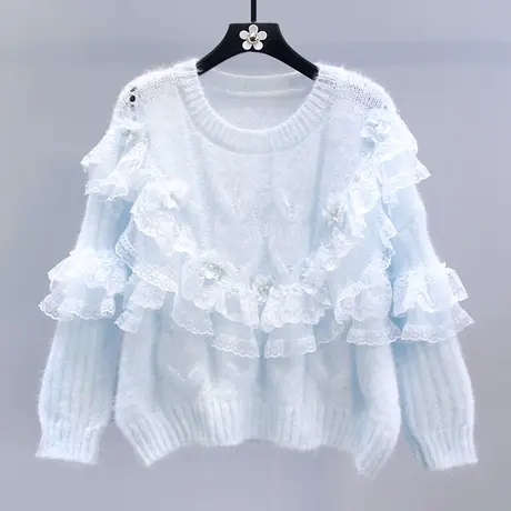 日系甜美温柔风蕾丝花边拼接毛衣女秋冬2023新款宽松设计感针织衫商品大图