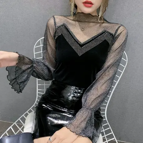 半高领打底衫女春秋性感蕾丝透视T恤女长袖网纱拼接加绒上衣洋气商品大图