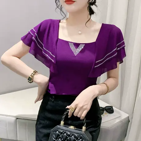 欧货网纱短袖T恤女性感露锁骨方领上衣气质百搭小衫荷叶边半袖夏图片