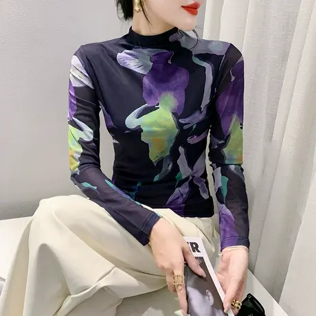 加绒加厚半高领上衣性感网纱扎染印花T恤女长袖时尚修身打底衫ins商品大图