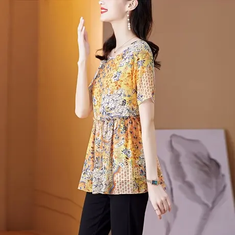 2023新款夏季宽松短袖雪纺衫女显瘦漂亮时尚收腰上衣大码遮肚T恤商品大图