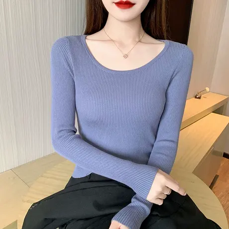 秋冬新款圆领长袖针织衫女士气质洋气内搭t恤上衣高级感打底衫潮商品大图