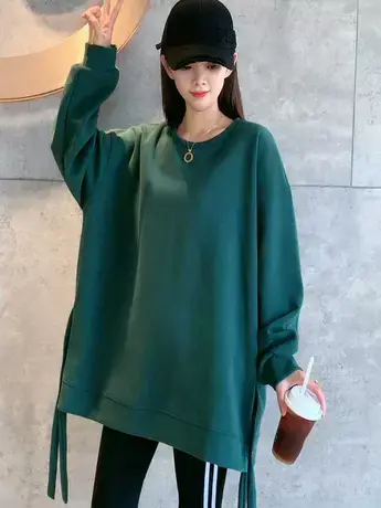 2023年秋季新款大版百搭中长款上衣设计感侧按扣款净版圆领卫衣女图片