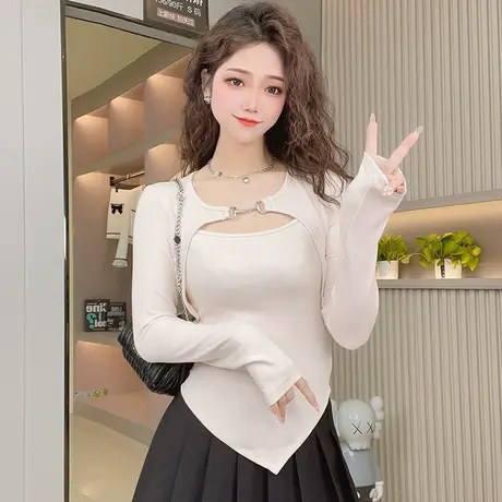 设计感假两件T恤显瘦长袖t恤女春季紧身小众拼接辣妹短款正肩上衣商品大图