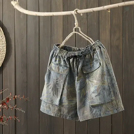 枫谜2021年夏季新款文艺复古印花牛仔短裤女宽松口袋牛仔阔腿裤图片
