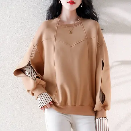 秋冬季新款假两件卫衣女宽松加大码女装胖mm休闲条纹拼接显瘦上衣图片