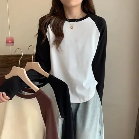 春秋季新款2024螺纹棉撞色插肩长袖t恤女内搭短款修身打底衫上衣商品大图