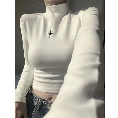 白色德绒半高领修身长袖t恤女秋冬纯欲风短款内搭保暖打底衫上衣图片