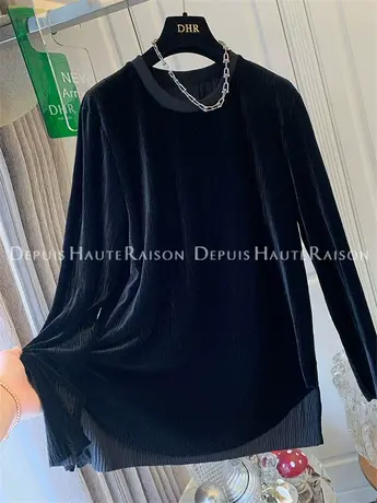 松弛感穿搭气质黑色圆领丝绒长袖上衣设计感小众秋季2023新款女装商品大图