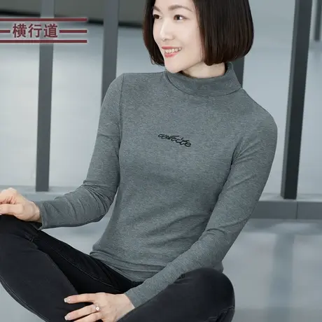 2024新款字母长袖t恤女装高领妈妈中年打底衫女春装纯色刺绣上衣图片