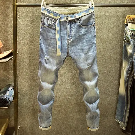 破洞潮ins高街牛仔裤男九分宽松直筒裤潮牌水洗做旧锥形9分裤薄款商品大图