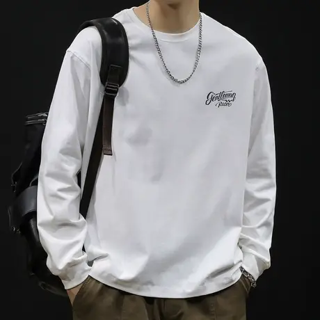 纯棉百搭长袖t恤男潮牌宽松大码春季2024新款男士内搭白色衣服潮商品大图