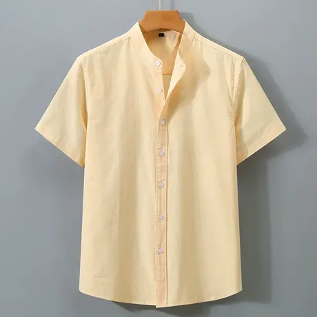 休闲纯棉衬衫男短袖夏季薄款男士宽松商务立领衬衣全棉寸衫外套潮商品大图