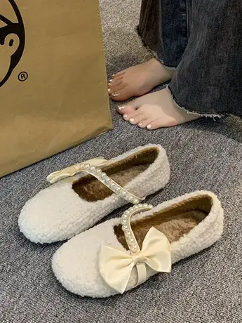 一脚蹬珍珠毛毛鞋子女秋冬季外穿加绒平底新款蝴蝶结毛绒豆豆单鞋商品大图