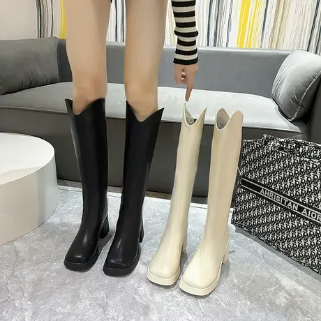 长筒靴女秋冬V口显瘦粗跟2023新款粗腿大筒围时装高跟法式女靴子图片