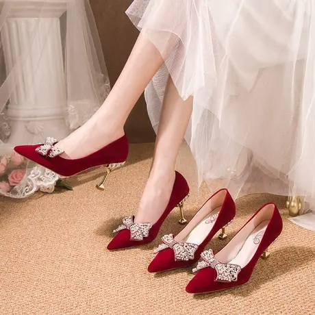秀禾服婚纱两穿结婚鞋子女2023年夏季新款红色礼服中式高跟新娘鞋商品大图