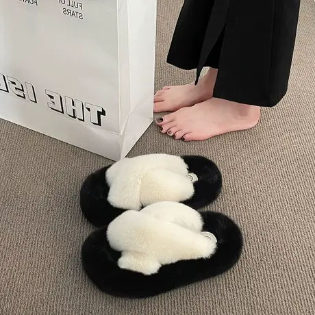 毛毛拖鞋女外穿2024年新款秋冬季居家厚底高级拼色露趾交叉一字拖商品大图