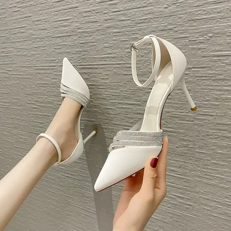 设计感小众高跟鞋细跟女2024年夏季新款一字扣带尖头水钻中空单鞋商品大图