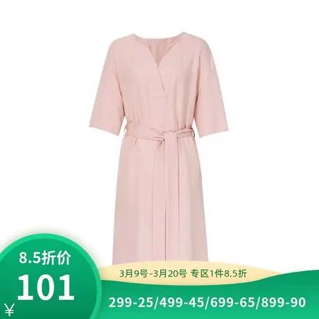 伊芙丽夏季新款V领短袖收腰系带连衣裙中长款女裙1B6999042图片