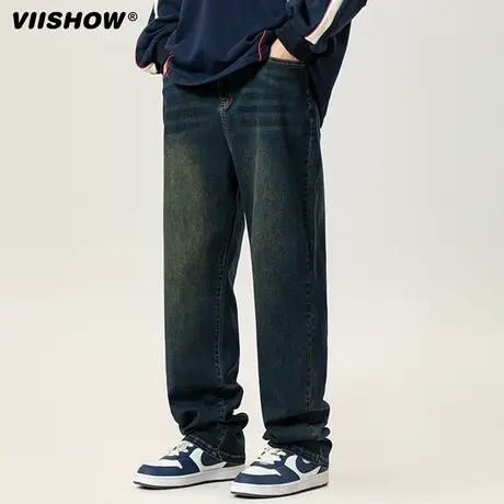 VIISHOW黑色潮牌宽松直筒牛仔裤男生秋冬款简约美式高街阔腿裤商品大图