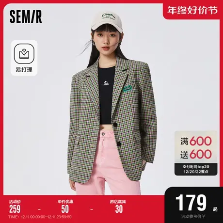 [商场同款]森马休闲西服女中长款易打理2023春季新款宽松格纹外套商品大图