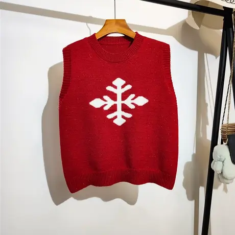 雪花毛衣马甲背心女秋冬新款圆领本命年红色无袖坎肩针织上衣外穿商品大图