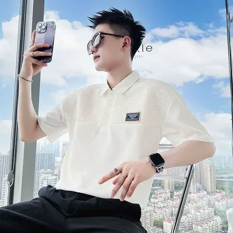 夏季潮牌翻领百搭宽松短袖t恤polo衫新款拼接设计感半袖上衣体恤商品大图