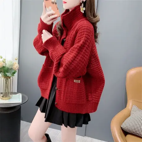 宽松慵懒风加厚红色毛衣开衫女秋冬2023年新款高级感软糯针织外套商品大图