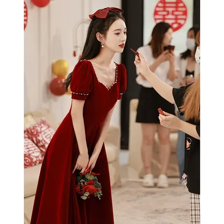 酒红色敬酒服新娘2023新款订婚连衣裙小个子法式结婚小礼服女夏季商品大图