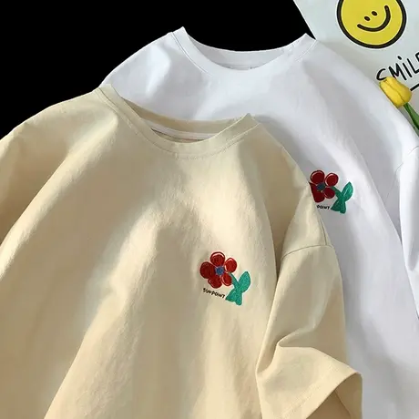 花朵刺绣短袖T恤男夏季百搭情侣休闲体恤衫宽松设计感圆领半截袖商品大图