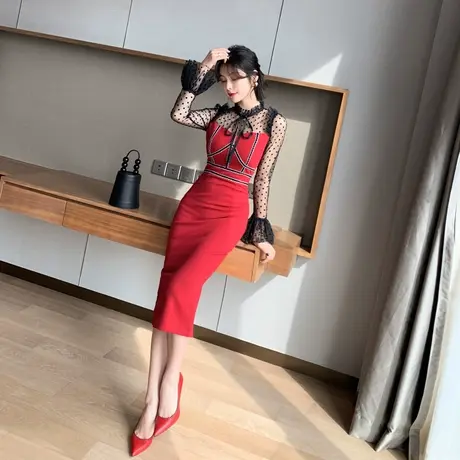 酒红色长袖包臀裙2024年新款收腰显瘦气质中长款赫本小礼服连衣裙图片
